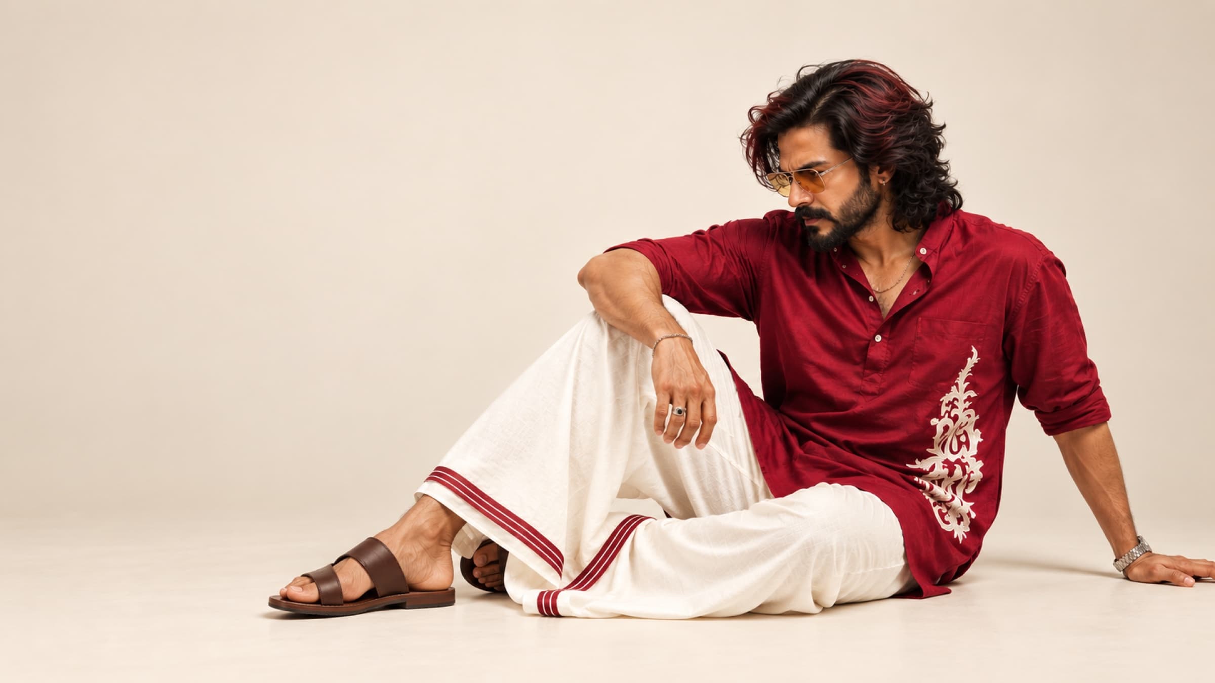 Man in a burgundy kurta and white mundu seated in a studio